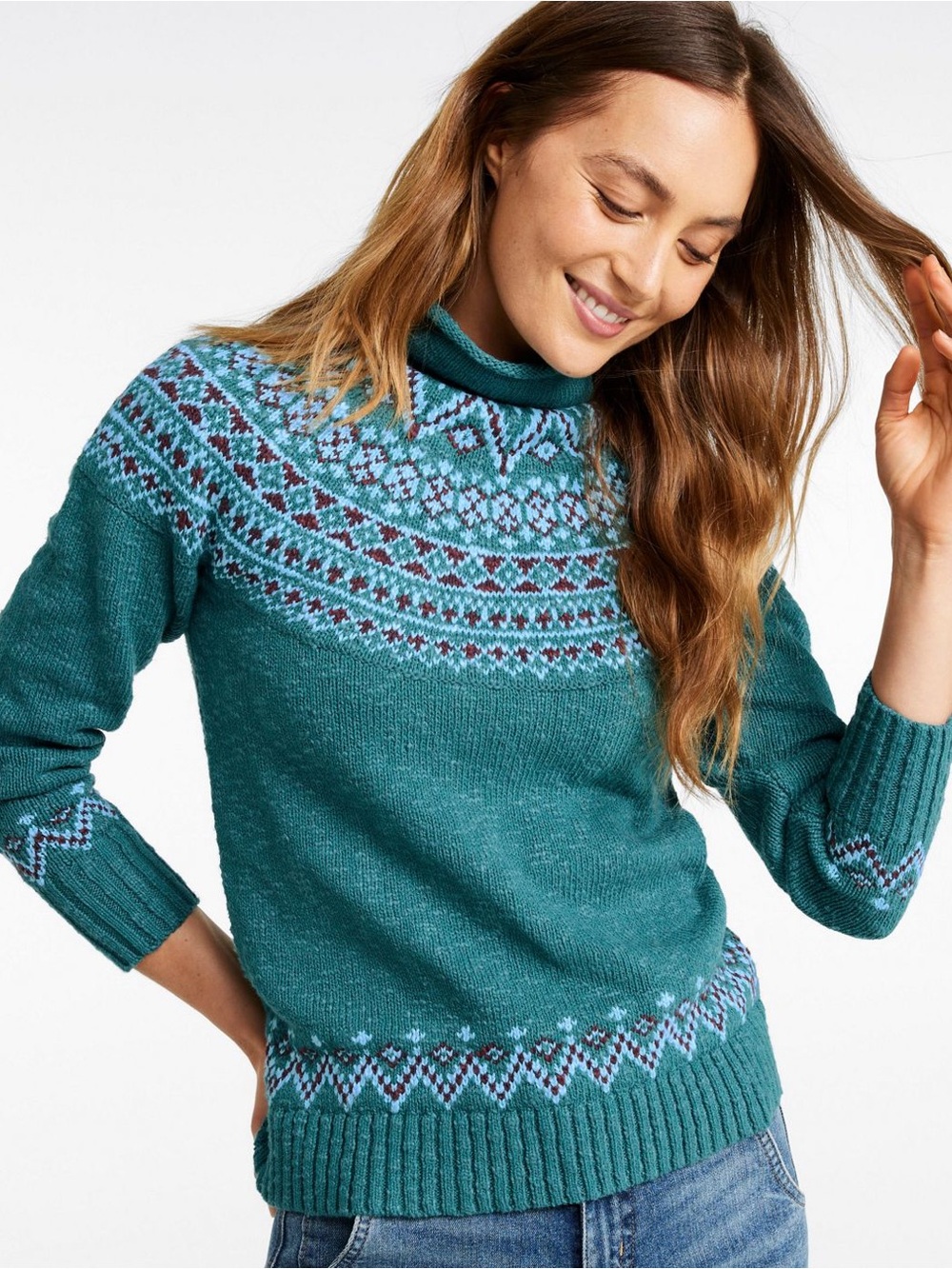 L.L. Bean Cotton Ragg Funnelneck Pullover Fair Isle Sweater